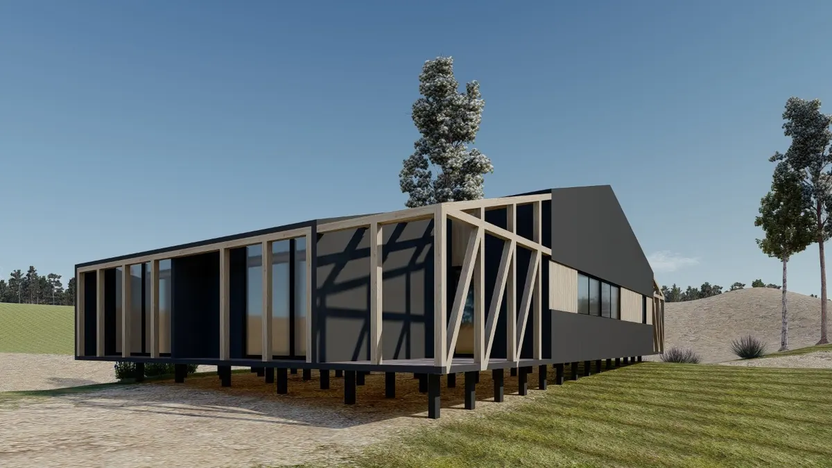 Render de Casa Graneros: casa tipo granero revestida en negro con terraza de madera