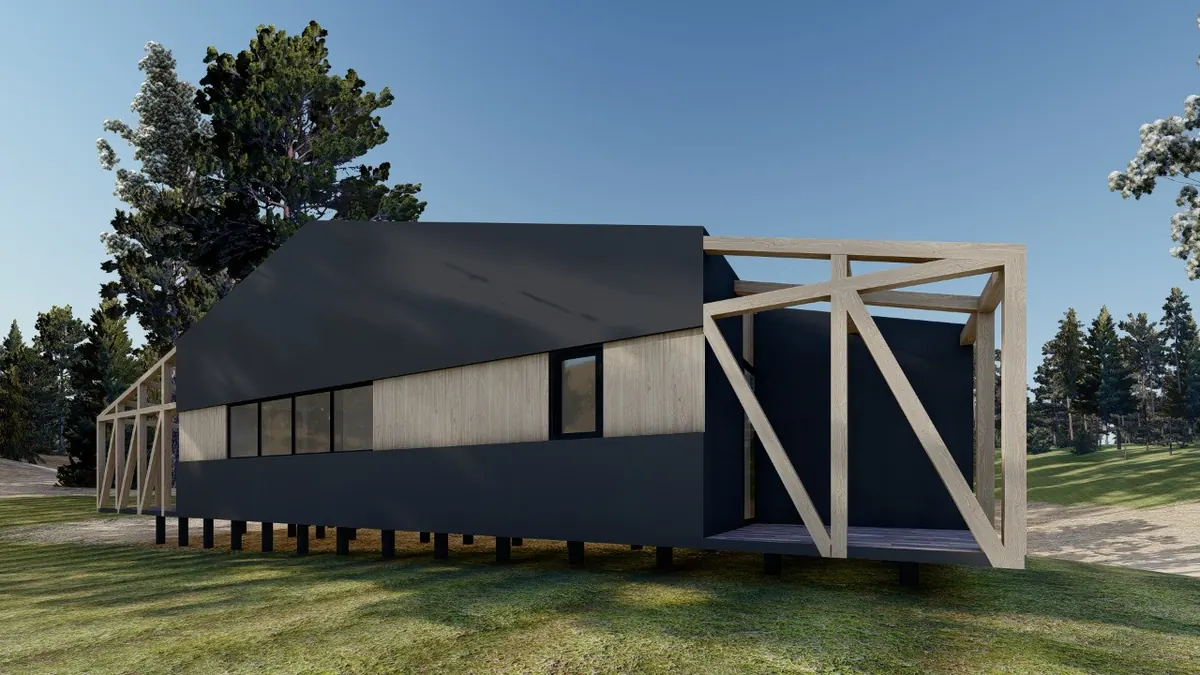 Render de Casa Graneros, vista lateral con volúmenes a dos aguas