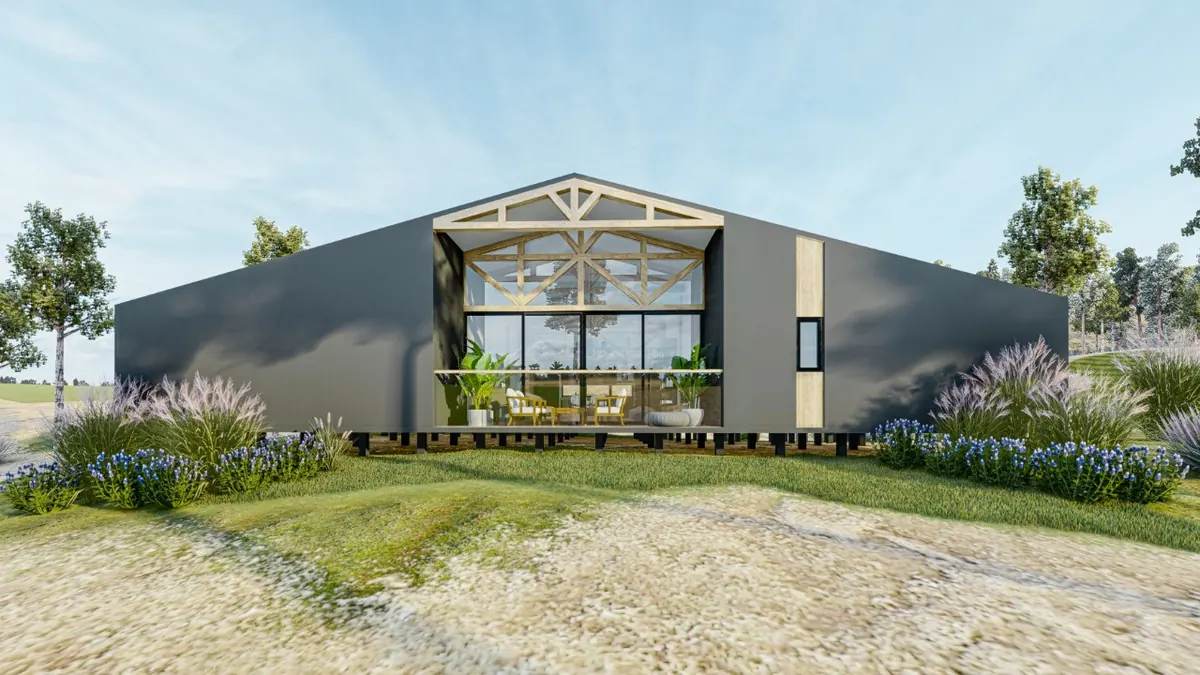 Render del frente de Casa Graneros con ventanal central