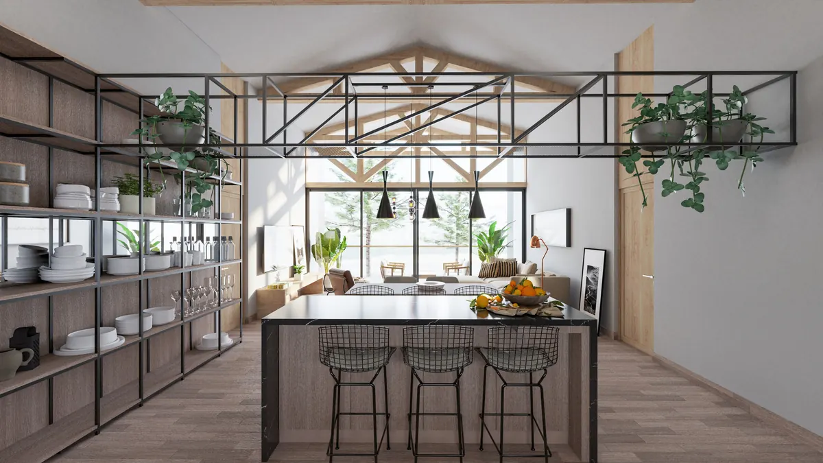 Render de la cocina de Casa Graneros con estanterías de fierro