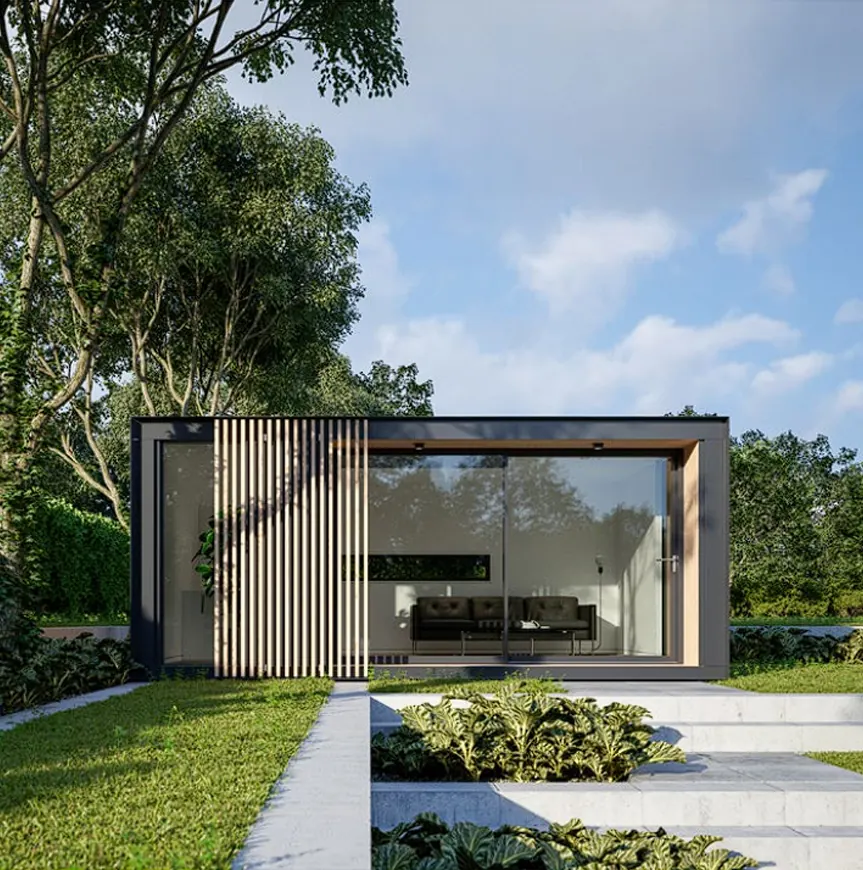 Render del Home Office: módulo de 3 × 6 m con celosía de madera