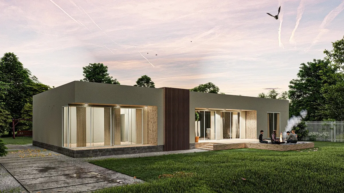 Render de la Casa Mediterránea de 200 m² en panel SIP con terraza