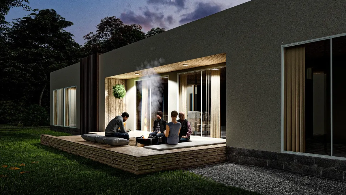 Render de la terraza de la Casa Mediterránea de 200 m² al anochecer