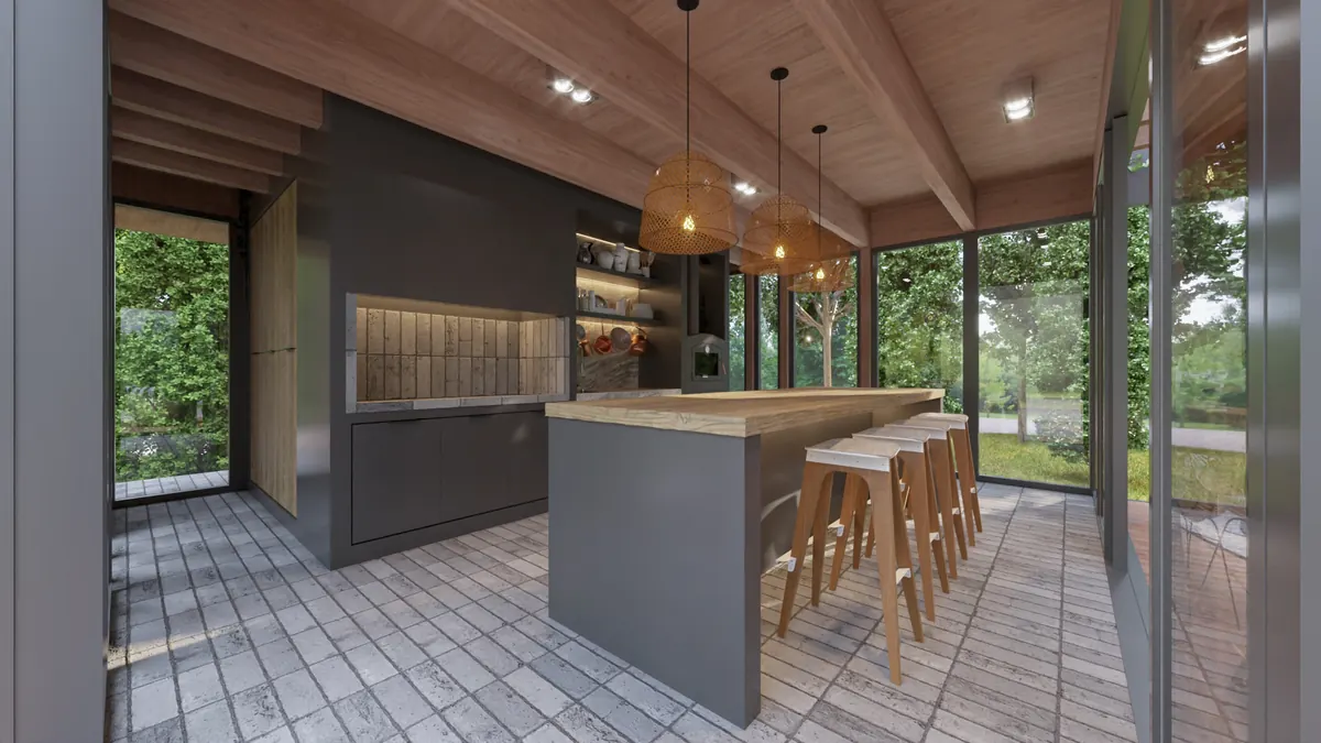 Interior del quincho modular con cocina de muebles oscuros y cielo de madera