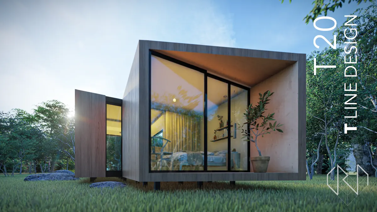 Render de la Tiny 20: módulo con ventanal de esquina y revestimiento de madera