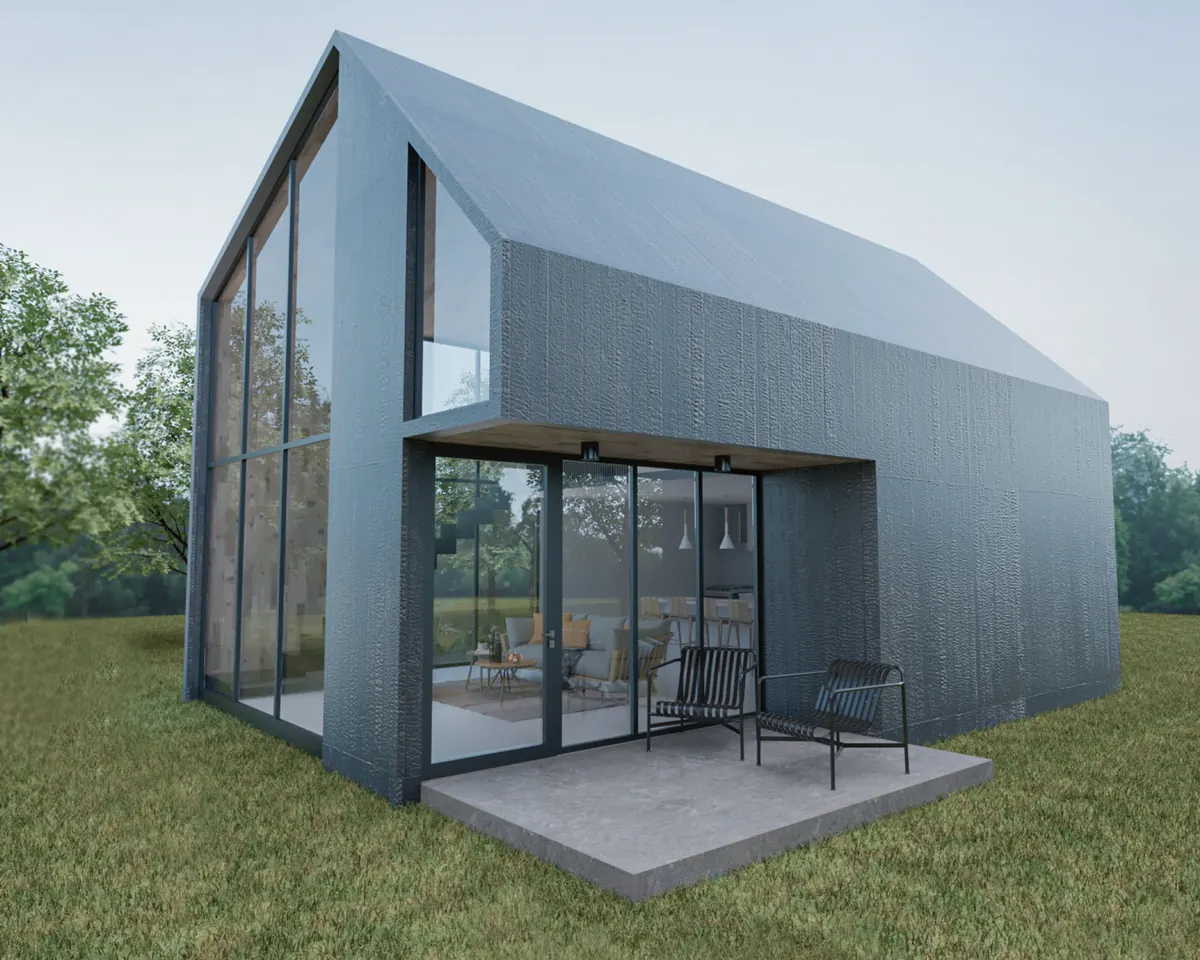 Render de la Tiny 60: casa a dos aguas en metal gris con terraza